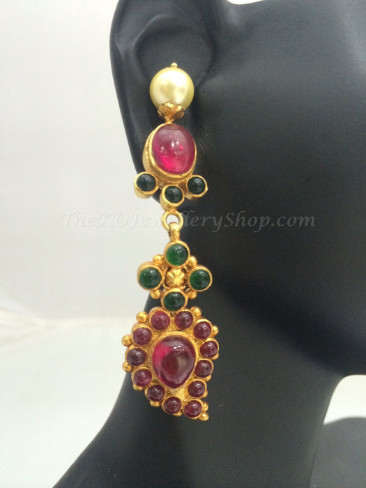 Antique kempu and green stone studded pure silver gold dipped earring shop online 