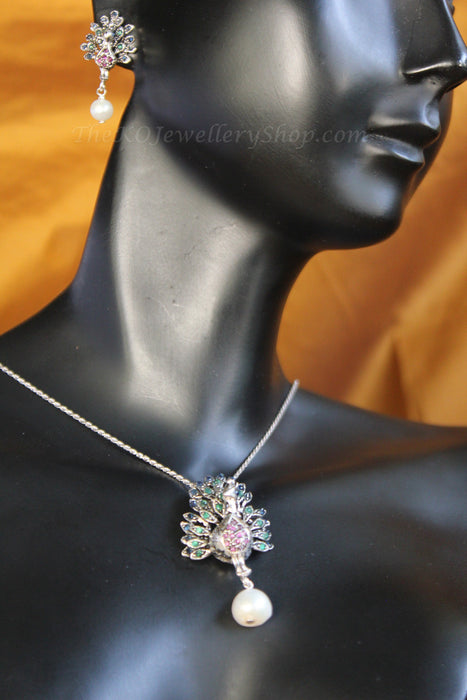 peacock motif pure silver pendant set  buy online 