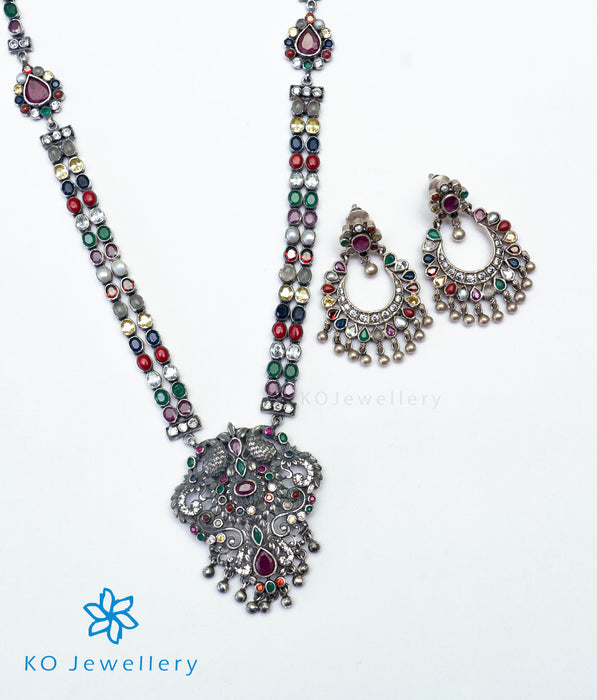 The Madhurya Silver Navaratna Peacock Necklace (Oxidised)