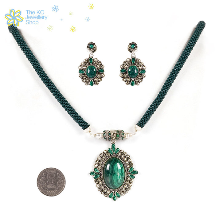 The Victorian Silver Necklace Set - Green - KO Jewellery