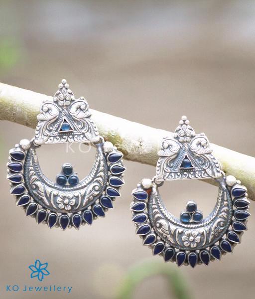 The Nilavarna Silver Peacock Earrings(Blue/Oxidised)