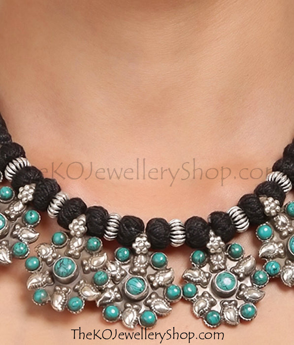 turquoise blue colour hand crafted silver necklace shop online