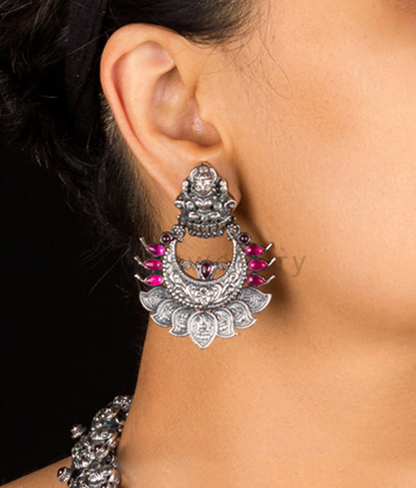 The Padmakshi Antique Silver Chand Bali(Red)