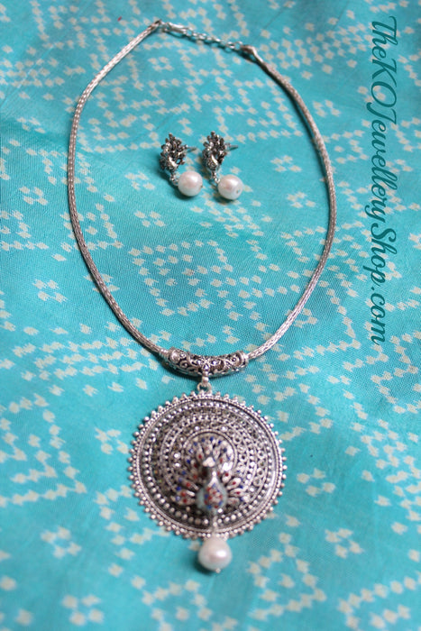 The Silver Mayura Necklace Set (Blue,Orange) - KO Jewellery
