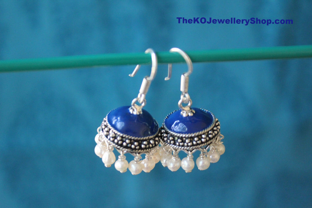 Buy online hand crafted blue silver jhumka for women