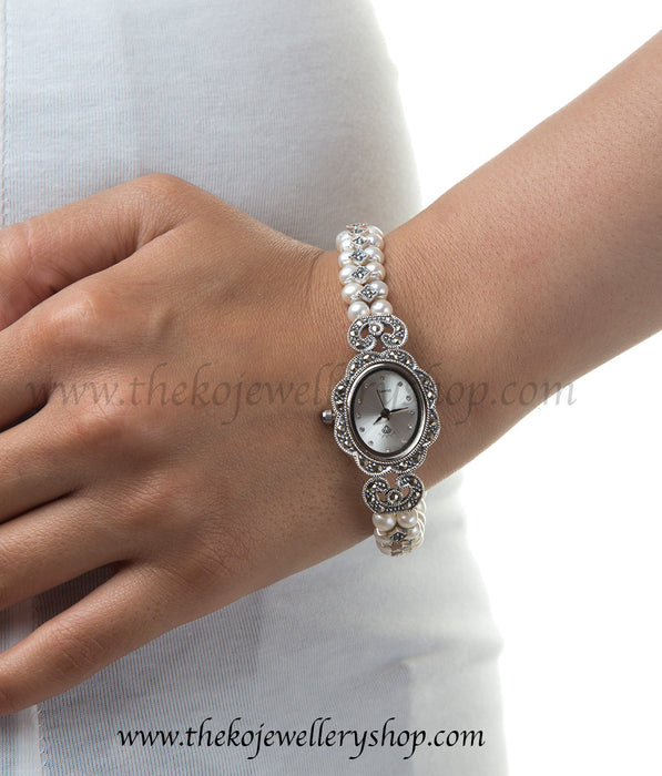 Hand crafted silver pearl watch shop online