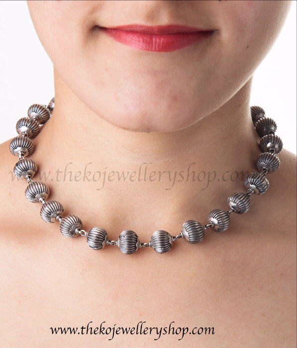 oxidised,hollow Sterling Silver beads small necklace for women