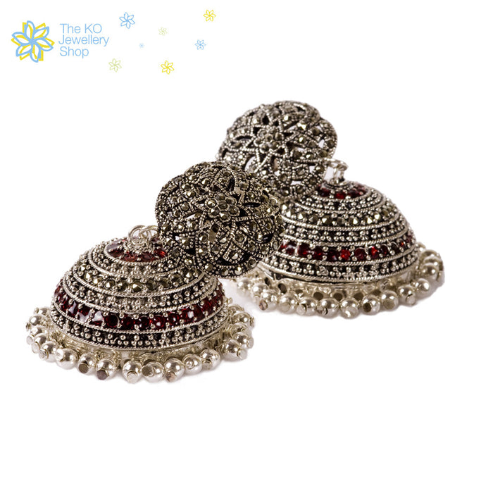 The Blossom Silver Marcasite Jhumka (Red) - KO Jewellery