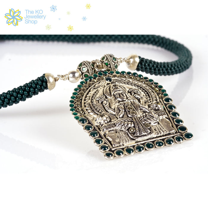 The Silver Laxmi Necklace - Green - KO Jewellery