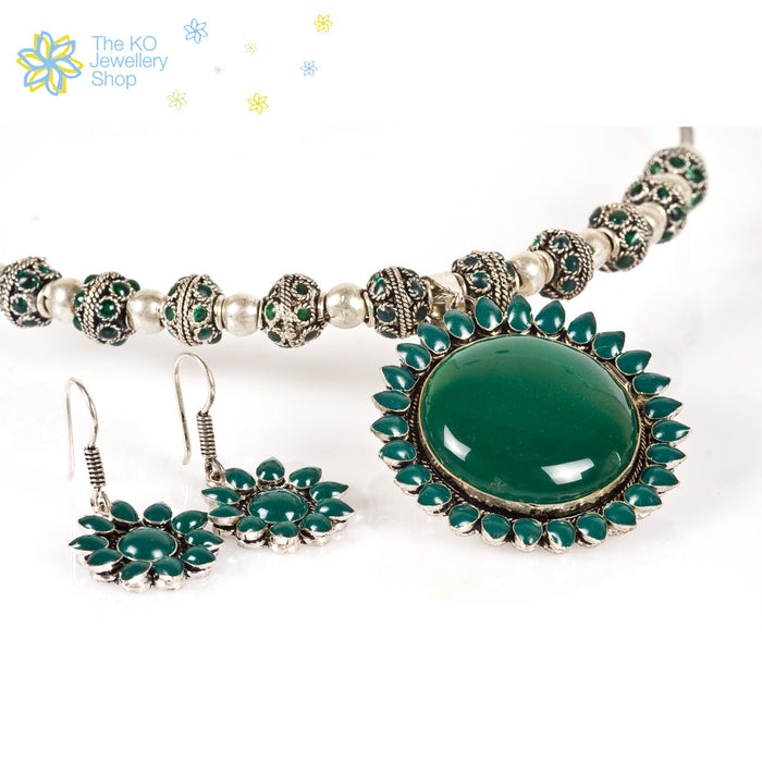 The Silver Sunflower Necklace Set- Green - KO Jewellery