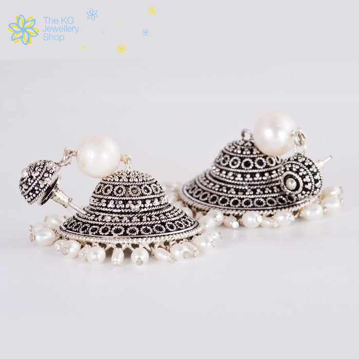 The Silver Pearl Jhumka-Big - KO Jewellery
