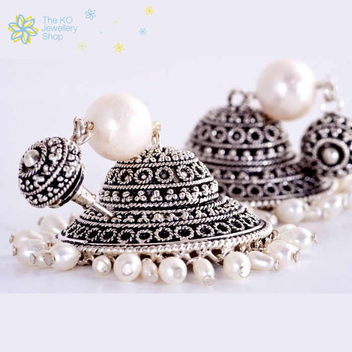 The Silver Pearl Jhumka-Big - KO Jewellery