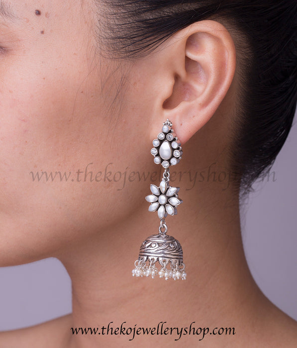 handcrafted silver jhumkas with leaf patterns and droplets of Pearl buy online 