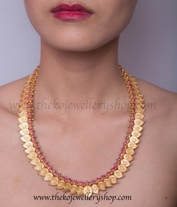Traditional kasu mala designs mango shaped coin gold dipped necklace bridal wear